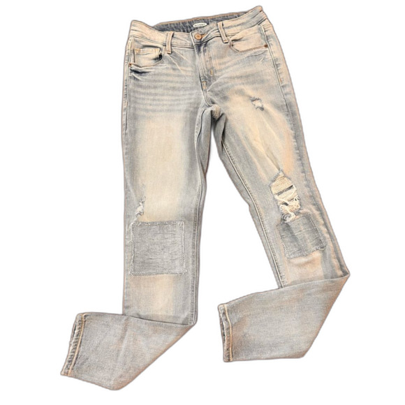 Old Navy Mid Rise Light Wash Distressed Patch Knee Super Skinny Jeans Women 0 - Picture 2 of 9